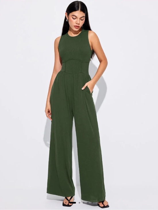 Cider Pants - Cider Olive Green Sleeveless Wide-Leg Jumpsuit